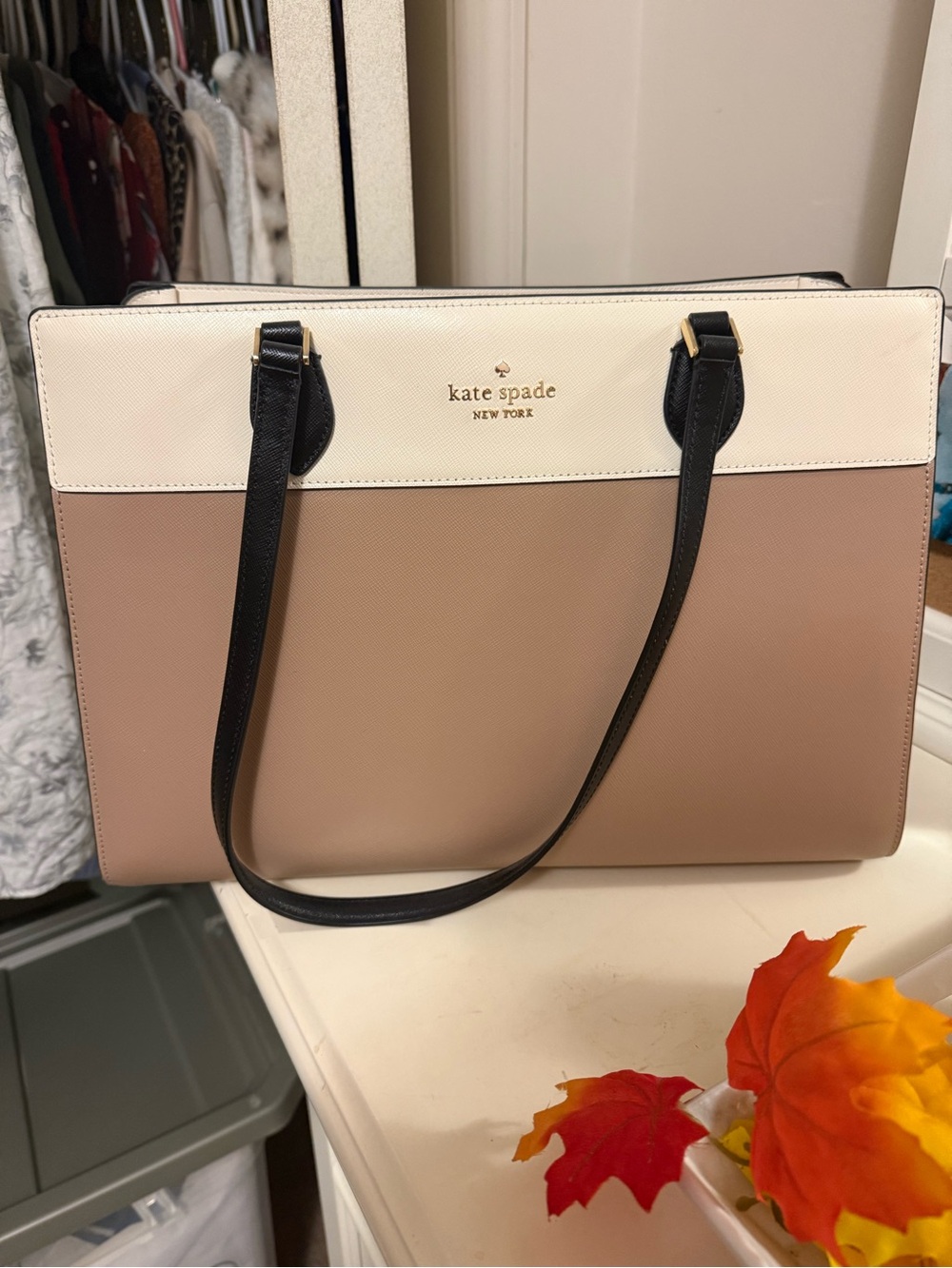 kate spade Two-Tone Blush Pink and Cream Leather Tote with Black Straps